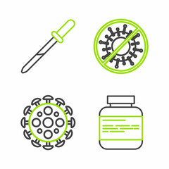 Set line Medicine bottle and pills, Virus, Stop virus and Pipette icon. Vector
