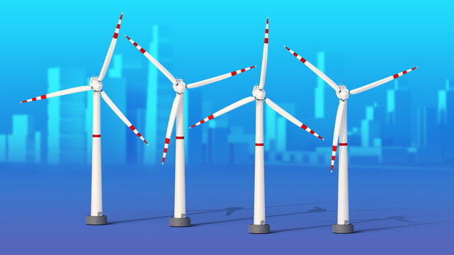Wind generators. Windmills on blue. Several wind generators before cityscape. Offshore wind farm concept. Power plants for extraction of clean energy. Selective blurred. 3d rendering.