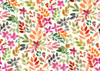 Fototapeta na wymiar Seamless Hand painted watercolour wild meadow leaves and flowers Multicolour pattern