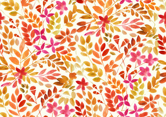 Fototapeta na wymiar Seamless Hand painted watercolour wild meadow leaves and flowers Multicolour pattern