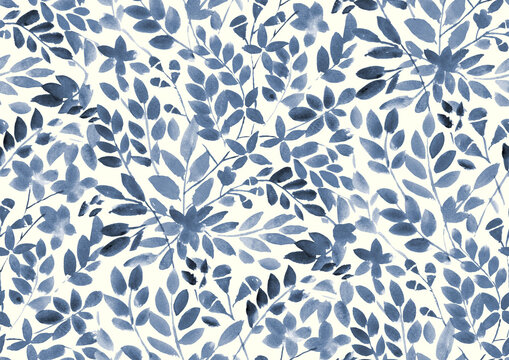 Seamless Hand painted watercolour wild meadow leaves and flowers Multicolour pattern