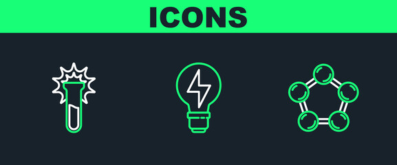Set line Molecule, Test tube and flask and Light bulb with lightning icon. Vector