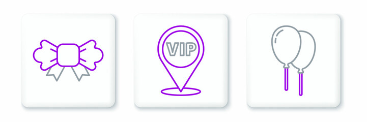 Set line Balloons with ribbon, Bow tie and Location Vip icon. Vector