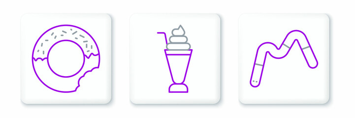 Set line Jelly worms candy, Donut and Milkshake icon. Vector