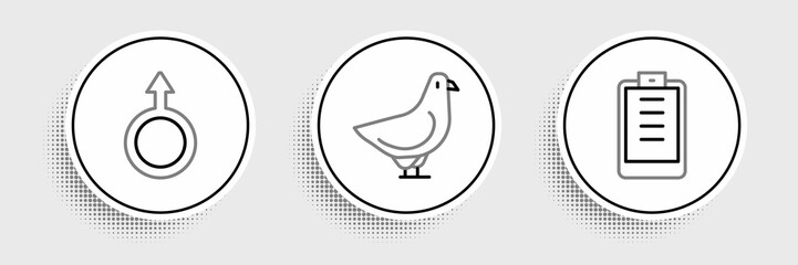 Set line Clipboard with checklist, Male gender symbol and Dove icon. Vector