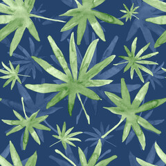 Green palm leaves, tropical watercolor painting - seamless pattern on navy blue background