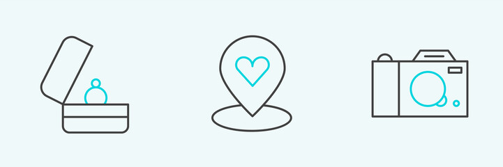 Set line Photo camera, Wedding rings and Location with heart icon. Vector