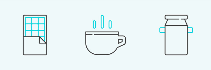 Set line Can container for milk, Chocolate bar and Coffee cup icon. Vector