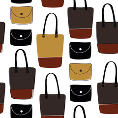 Seamless stylish pattern with beauty drawn womans bags. Decorative fashion background with brown handbags and wallets, pouches