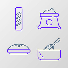 Set line Kitchen whisk and bowl, Homemade pie, Bag of flour and French baguette bread icon. Vector