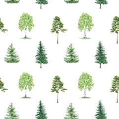 Fototapeta premium Watercolor forest tree seamless pattern. Natural summer design. Woodland green trees background. For prints, postcards, greeting cards, textile