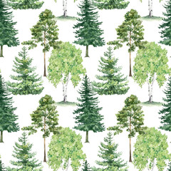 Watercolor forest seamless pattern. Natural summer landscape. Woodland green tree background. For prints, postcards, greeting cards, textile