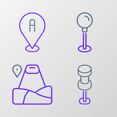 Set line Push pin, Location with mountain, and icon. Vector