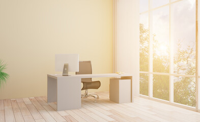 Front view of an office interior with a row of dark wood tables. 3D rendering.. Sunset.. Sunset.