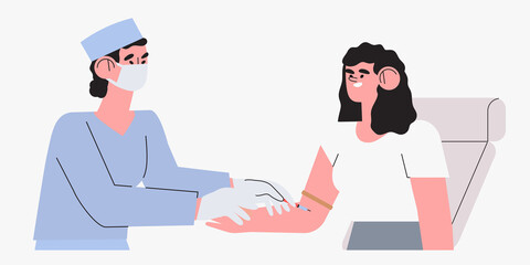 Doctor or scientist do biochemical test analyses. Female medical or health care worker with test tube taking patient blood specimens. Concept for hospital, private clinic or commercial health center.