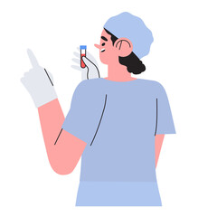 Doctor or scientist doing biochemical test analyses. Female medical or health care worker with test tube results or blood specimens. Concept for hospital, private clinic or commercial health center.