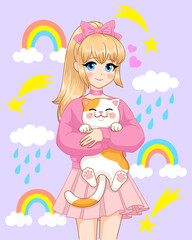 Anime girl hugging cute kitten. Vector illustration 