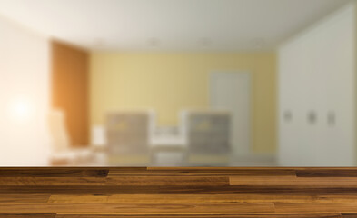 Office interior design in whire color. 3D rendering.. Sunset.. Background with empty wooden table. Flooring.