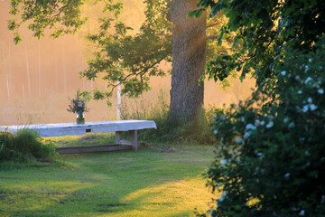 Naklejka premium A large wooden table with a white tablecloth and a vase of meadow flowers stands in a green meadow under large trees on the shore of a lake, a Summer Solstice food table in the yellow sunset light