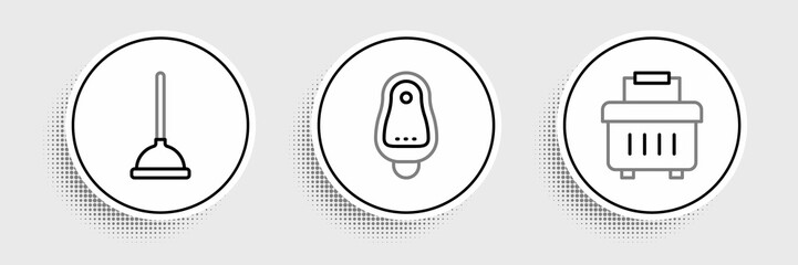 Set line Toolbox, Rubber plunger and Toilet urinal or pissoir icon. Vector