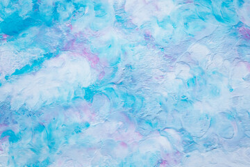 Blue abstract clouds texture backdrop. Hand painted oil pastel creative colorful art backgrounds