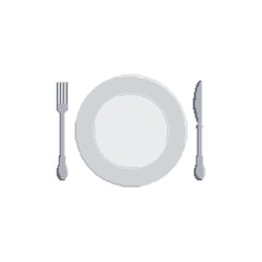 Plate, fork and knife vector icon. Pixel art. 8 bit logo for game. eps10