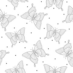 Line drawn butterflies with simple decoration and black dots on a white background. Insects. Seamless summer pattern. Suit for packaging, textile.