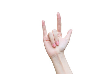 Naklejka premium Female fingers and hands while acts sign as I love you symbol on isolated white background.