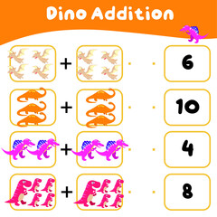 Math worksheet with dinosaur theme. Learning how to counting for preschool children. Educational printable sheet. Vector illustration. 