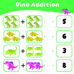 Math worksheet with dinosaur theme. Learning how to counting for preschool children. Educational printable sheet. Vector illustration. 