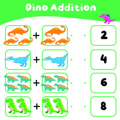 Math worksheet with dinosaur theme. Learning how to counting for preschool children. Educational printable sheet. Vector illustration. 