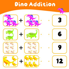 Math worksheet with dinosaur theme. Learning how to counting for preschool children. Educational printable sheet. Vector illustration. 