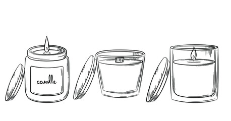 A selection of wax candles with a wick in a glass candlestick with a wooden lid. Sketch in doodle style. Drawing of a burning candle in a jar drawn in line style. Isolated vector illustration.
