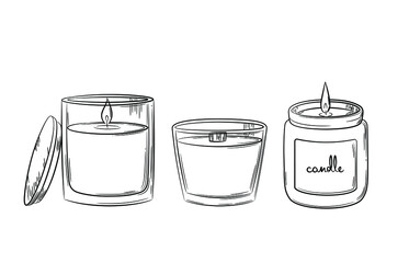 A selection of wax candles with a wick in a glass candlestick with a wooden lid. Sketch in doodle style. Drawing of a burning candle in a jar drawn in line style. Isolated vector illustration.