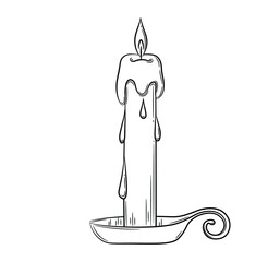 Wax candle in a hand-drawn candlestick. Sketch in doodle style. A burning candle of a long shape is provided with a handle. Isolated vector illustration with strokes.