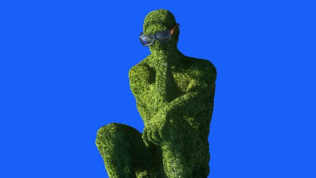 thinker man from grass at pop art style, a concept of the philosophy of learning and logic 3d render on a blue background