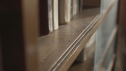 Close up of kid's hand wiping a dust on the bookshelf. Child clean up the shelf. Boy's hand clean up the bookshelf. Wiping the dust. Top view of kid cleaning the bookshelf and wiping dust © Media Whale Stock