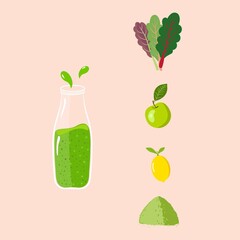 Vector illustration of glass bottle with green matcha tea fruits and vegetables smoothie with whole ingredients. Healthy diet detox vitamins vegan concept