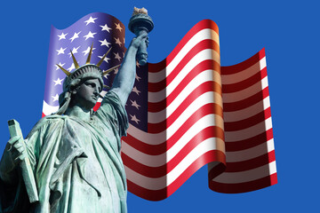 New York symbols. Statue of liberty and flag of United States. Statue of woman with torch and book. Symbols of USA independence. American Statue of Liberty on blue. USA Democracy concept. 3d image.