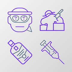 Set line Syringe, Whiskey bottle, Murder and Bandit icon. Vector