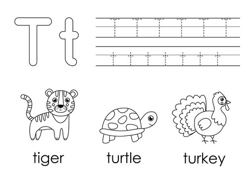 Learning English alphabet for kids. Letter T. Coloring book.
