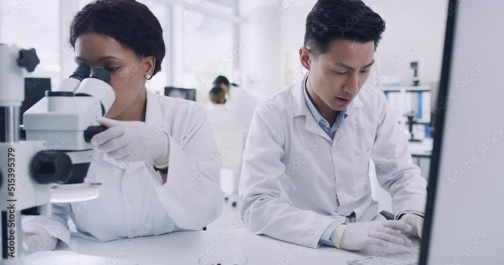 Aufkleber Medical scientists in research facility looking at a virus sample, experimenting. Specialists entering data into computer system and analyzing a cell on a petri dish to develop a cure or vaccine