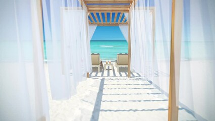 Paradise beach with azure water. Relax on the pergola with two sun loungers and drinks.