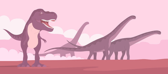 Tyrannosaurus rex hunts a herd of herbivorous sauropods. Carnivorous dinosaur and alamosaurus with a long neck. Big lizard of the Jurassic period. Prehistoric animals. Cartoon vector illustration