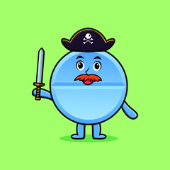 Cute cartoon mascot character pill medicine pirate with hat and holding sword in modern design