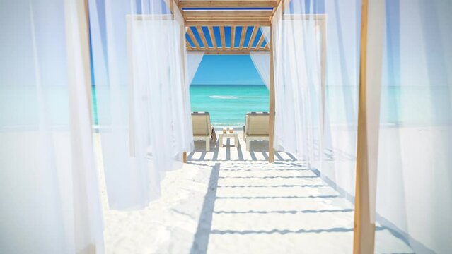 Paradise beach with azure water. Relax on the pergola with two sun loungers and drinks.
