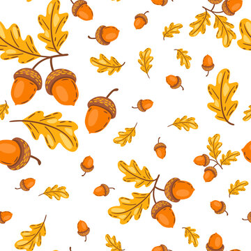 Seamless pattern of oak leaves with acorns. Image of autumn plant.