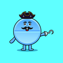 Cute cartoon pirate pill medicine with hook hand in flat modern style design