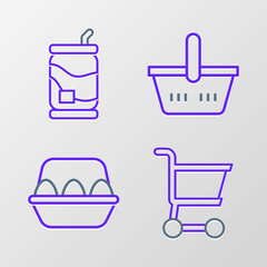 Set line Shopping cart, Chicken egg box, basket and Soda can icon. Vector