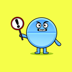 Cute cartoon illustration pill medicine with exclamation sign board 